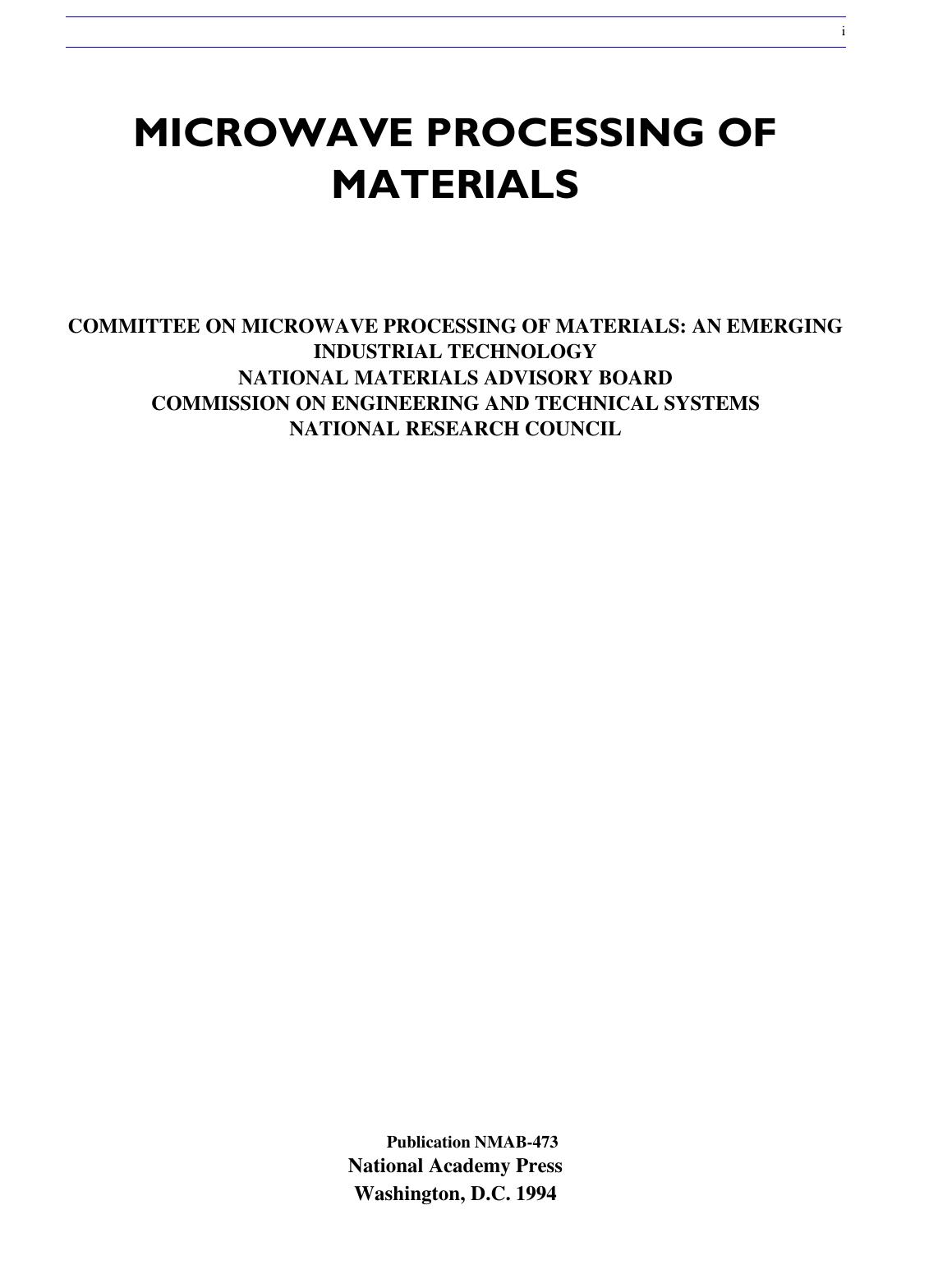 Microwave Processing of Materials by National Research Council Natl Res Council
