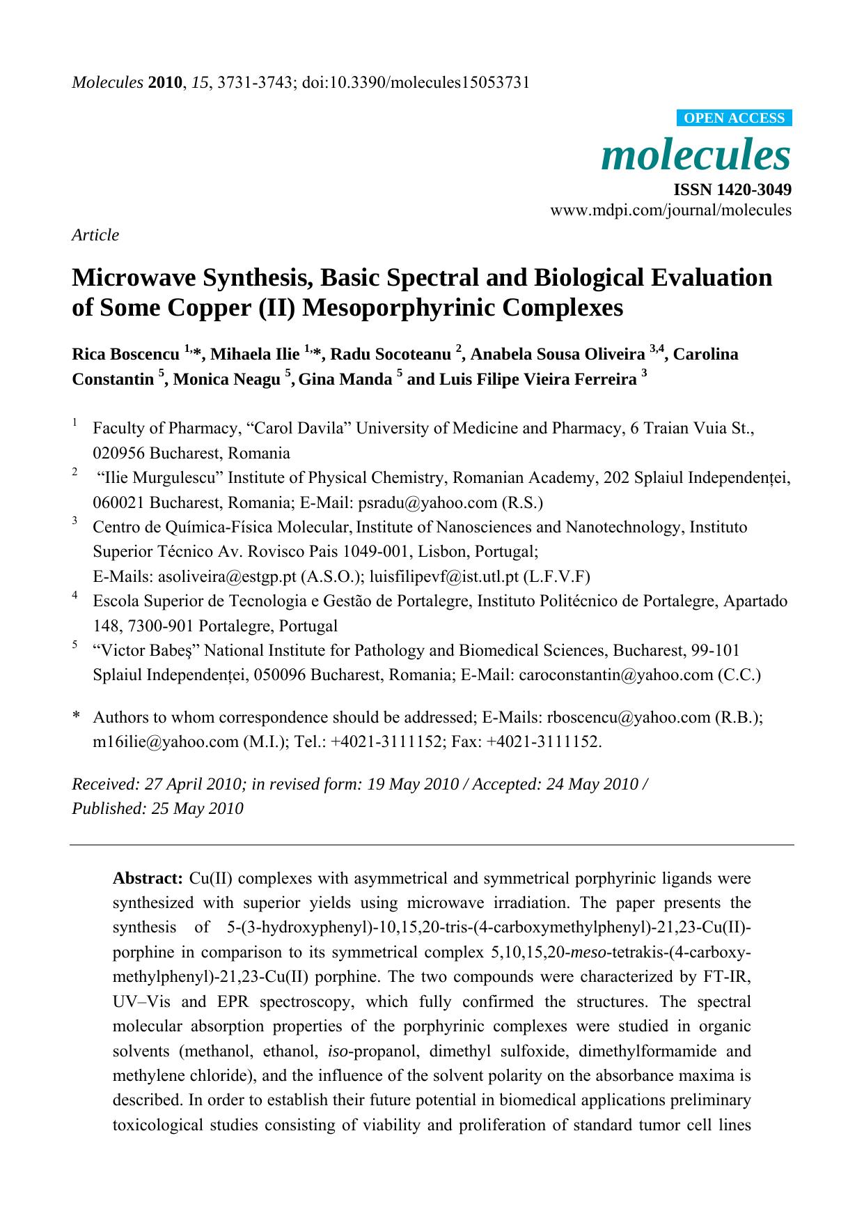 Microwave Synthesis, Basic Spectral and Biological Evaluation of Some Copper (II) Mesoporphyrinic Complexes by unknow