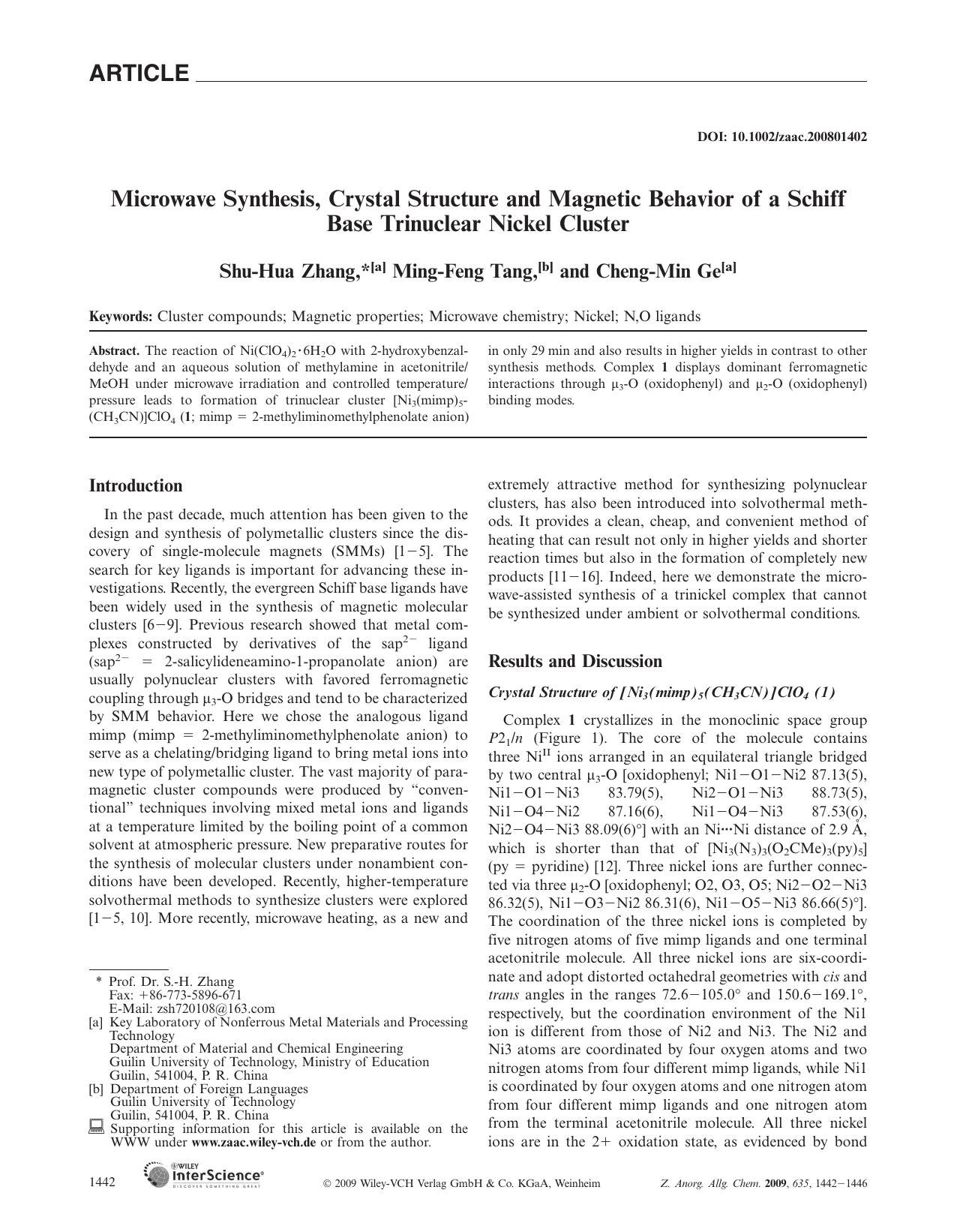 Microwave Synthesis, Crystal Structure and Magnetic Behavior of a Schiff Base Trinuclear Nickel Cluster by Unknown