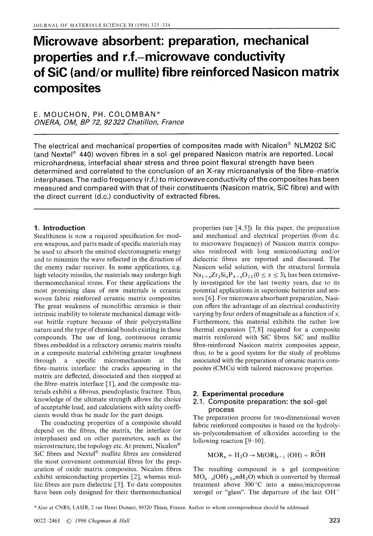 Microwave absorbent: preparation, mechanical properties and r.f.-microwave conductivity of SiC (andor mullite) fibre reinforced Nasicon matrix composites by Unknown