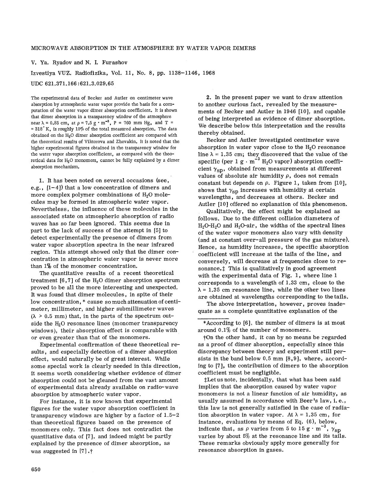 Microwave absorption in the atmosphere by water vapor dimers by Unknown