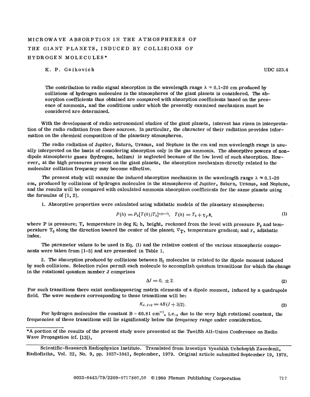 Microwave absorption in the atmospheres of the giant planets, induced by collisions of hydrogen molecules by Unknown