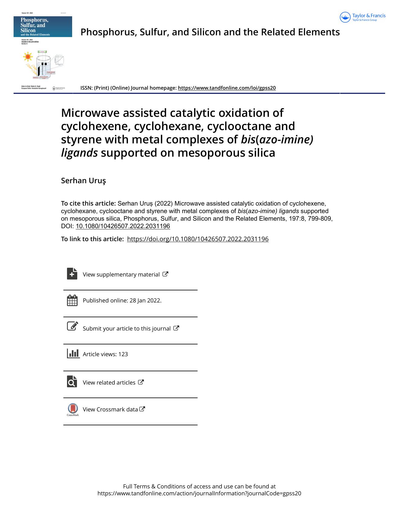 Microwave assisted catalytic oxidation of cyclohexene, cyclohexane, cyclooctane and styrene with metal complexes of bis(azo-imine) ligands supported on mesoporous silica by Uruş Serhan