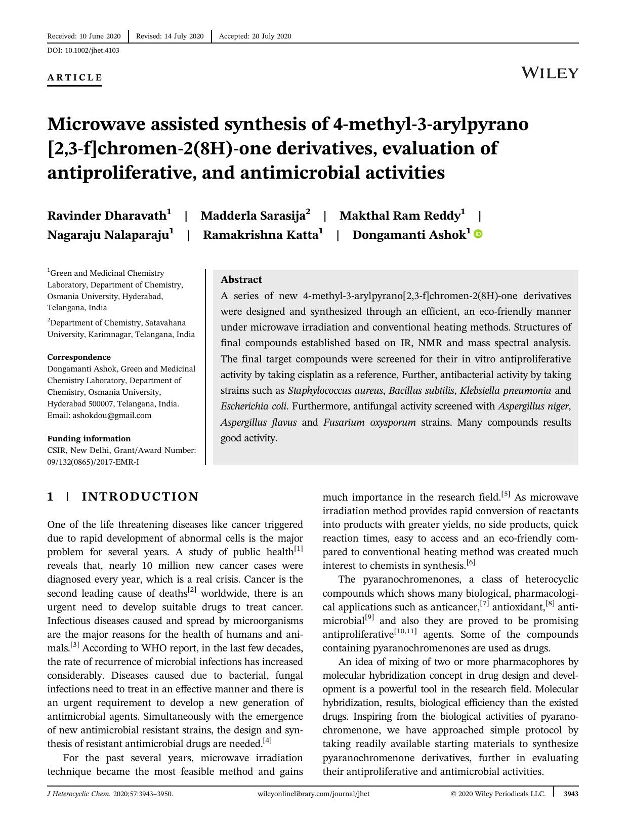 Microwave assisted synthesis of 4-Methyl-3-arylpyrano[2,3-f]chromen-2(8H)-one derivatives, evaluation of antiproliferative and antimicrobial activities by Unknown