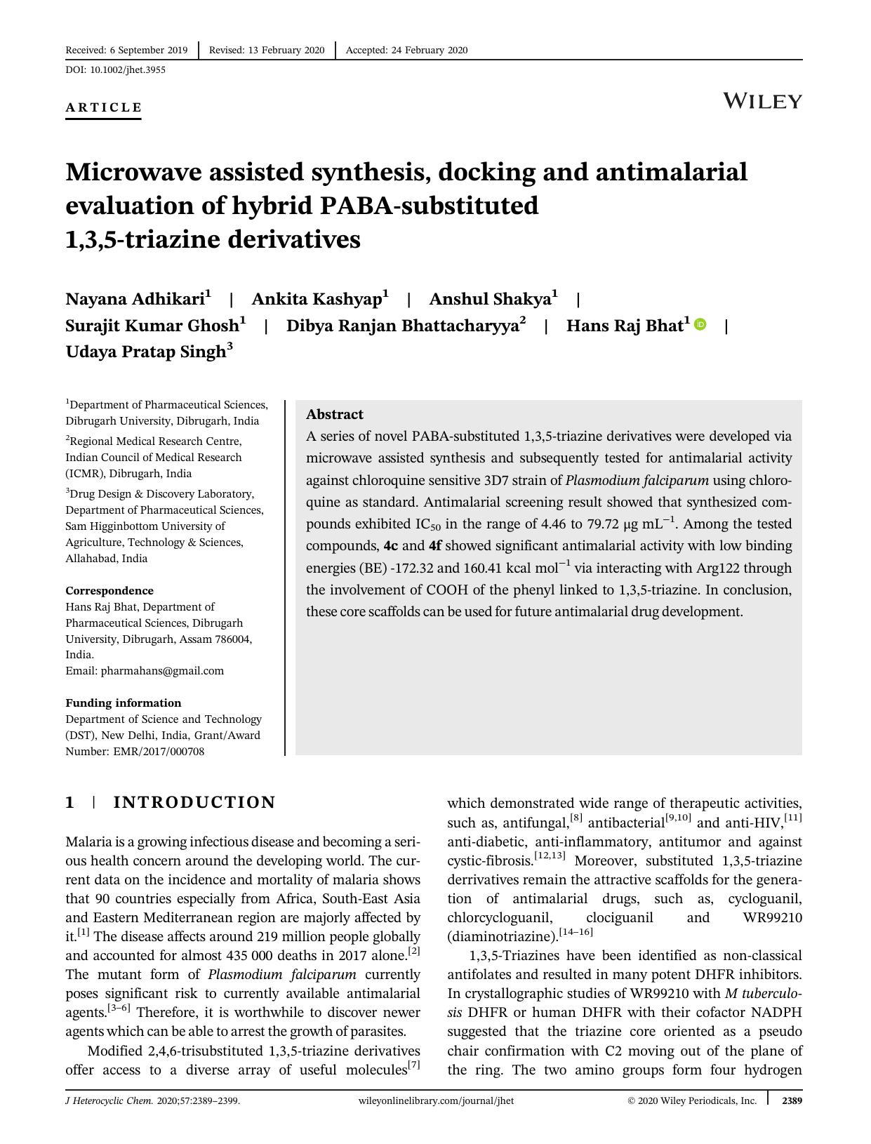 Microwave assisted synthesis, docking and antimalarial evaluation of hybrid PABA-substituted 1,3,5-triazine derivatives by Unknown