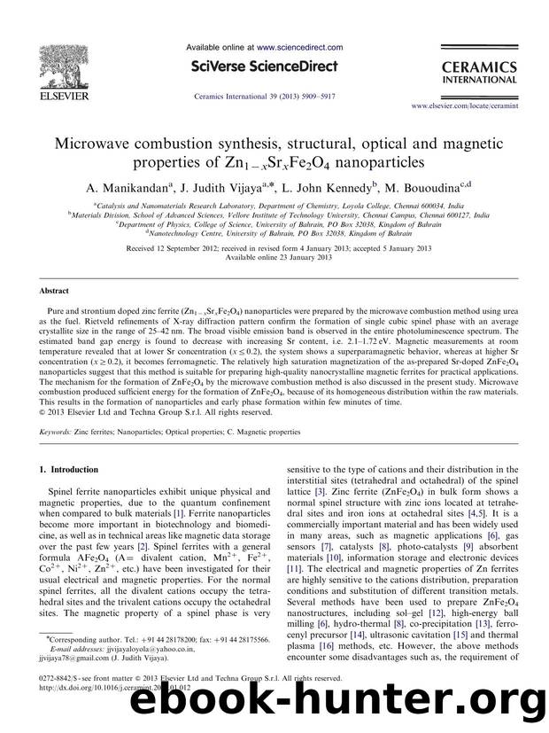 Microwave combustion synthesis, structural, optical and magnetic properties of Zn1âxSrxFe2O4 nanoparticles by A. Manikandan & J. Judith Vijaya & L. John Kennedy & M. Bououdina