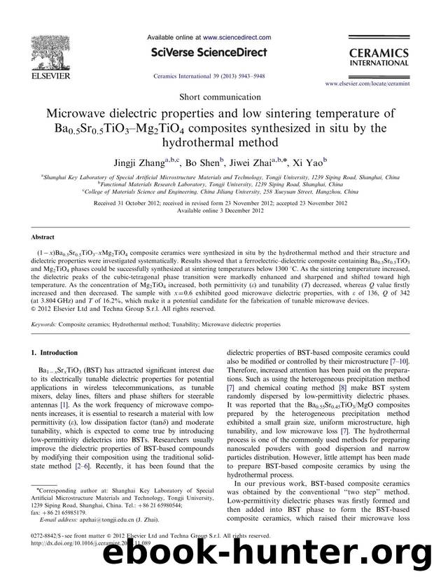 Microwave dielectric properties and low sintering temperature of Ba0.5Sr0.5TiO3âMg2TiO4 composites synthesized in situ by the hydrothermal method by Jingji Zhang & Bo Shen & Jiwei Zhai & Xi Yao