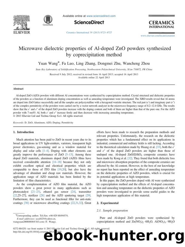 Microwave dielectric properties of Al-doped ZnO powders synthesized by coprecipitation method by Yuan Wang & Fa Luo & Ling Zhang & Dongmei Zhu & Wancheng Zhou