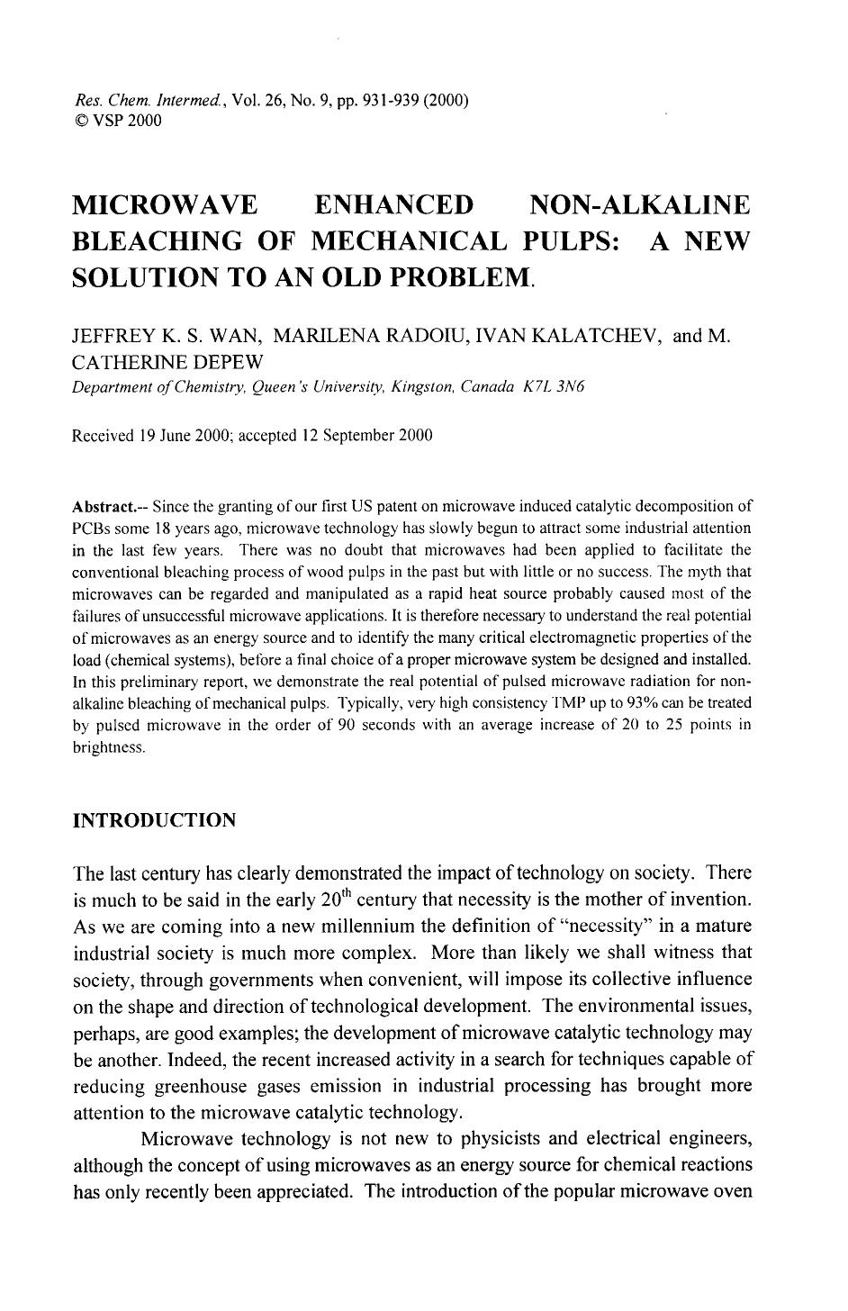 Microwave enhanced non-alkaline bleaching of mechanical pulps: A new solution to an old problem by Unknown