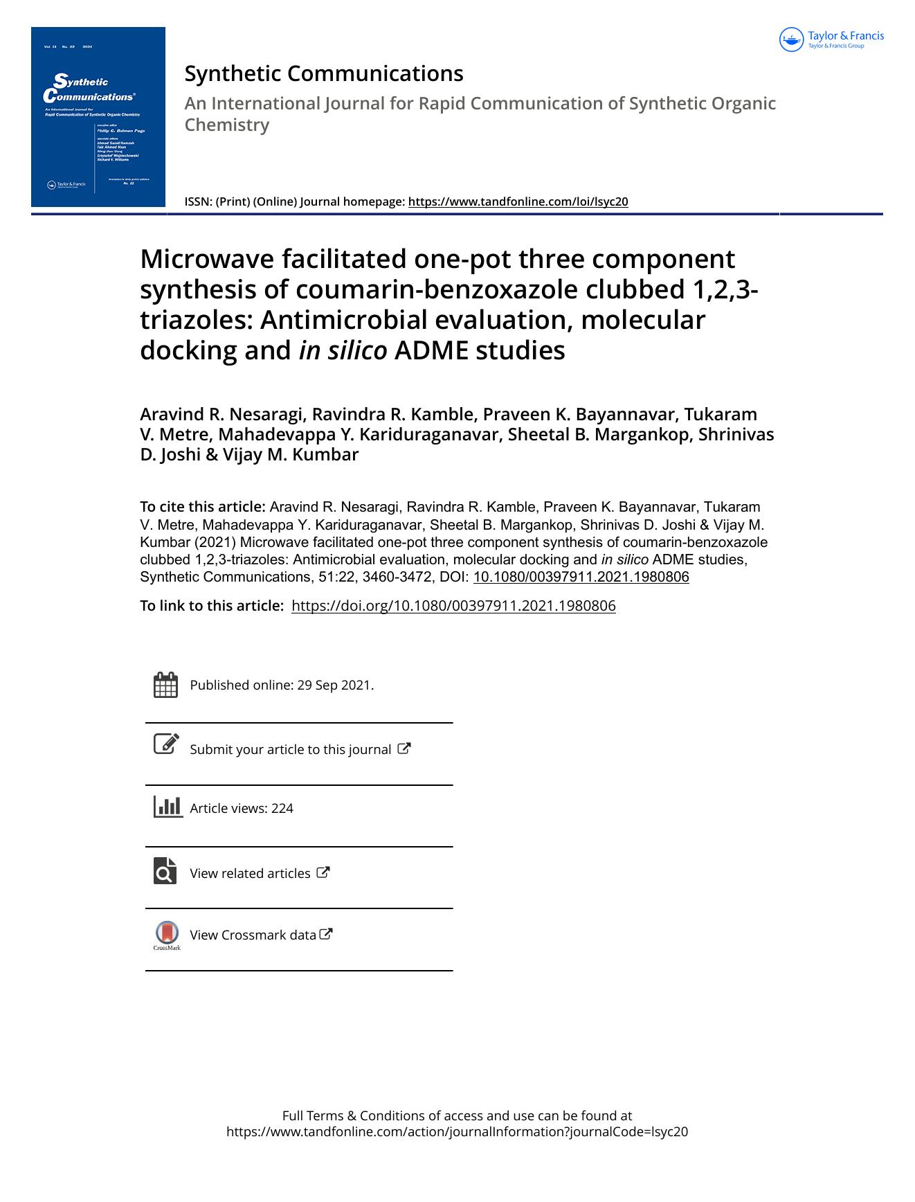 Microwave facilitated one-pot three component synthesis of coumarin-benzoxazole clubbed 1,2,3-triazoles: Antimicrobial evaluation, molecular docking and in silico ADME studies by unknow