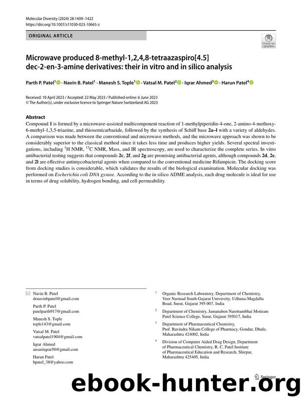 Microwave produced 8-methyl-1,2,4,8-tetraazaspiro[4.5]dec-2-en-3-amine derivatives: their in vitro and in silico analysis by Parth P. Patel & Navin B. Patel & Manesh S. Tople & Vatsal M. Patel & Iqrar Ahmed & Harun Patel