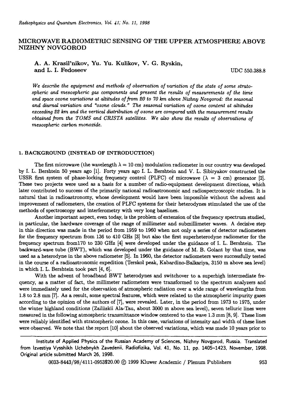 Microwave radiometric sensing of the upper atmosphere above Nizhny Novgorod by Unknown