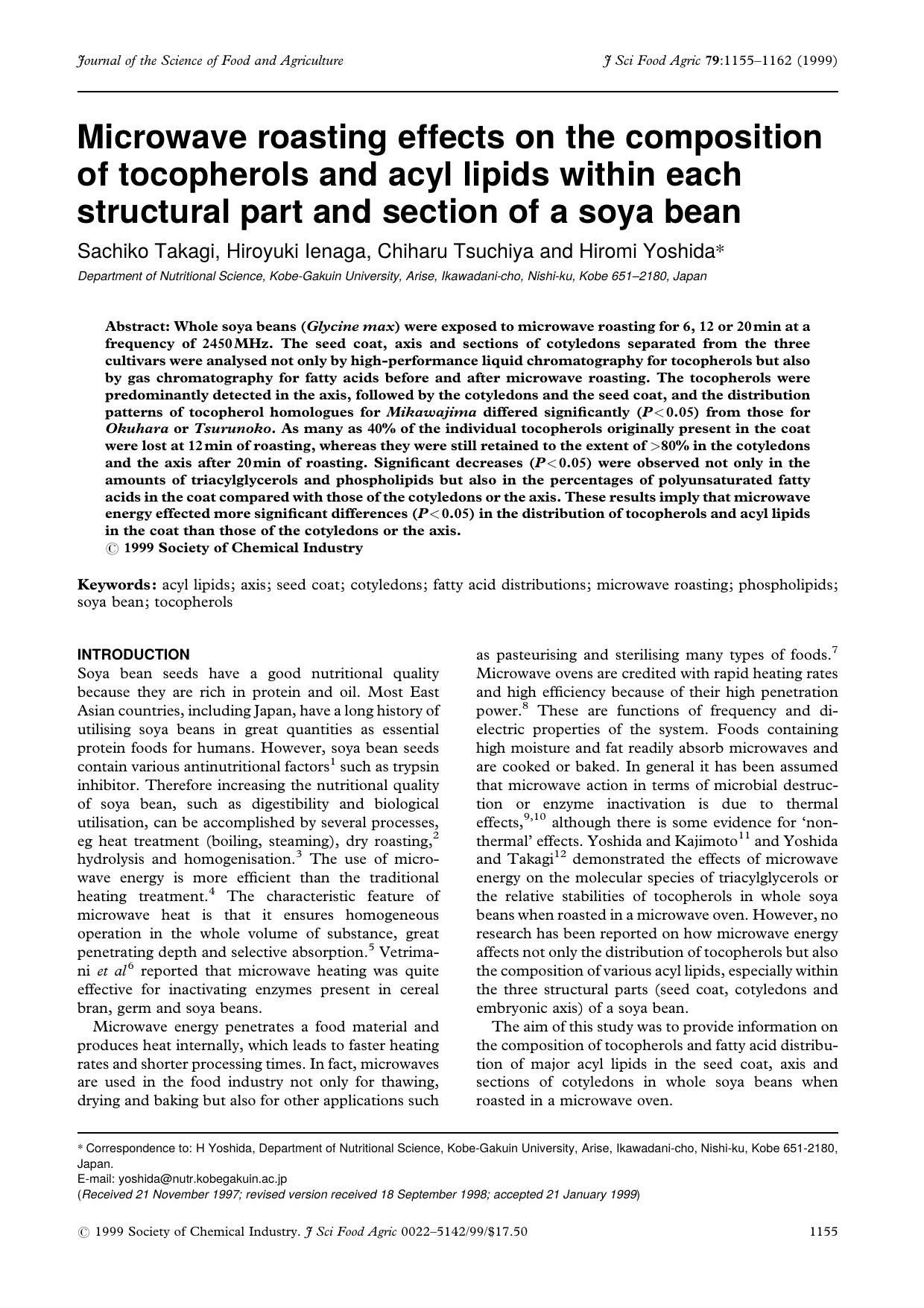 Microwave roasting effects on the composition of tocopherols and acyl lipids within each structural part and section of a soya bean by Unknown