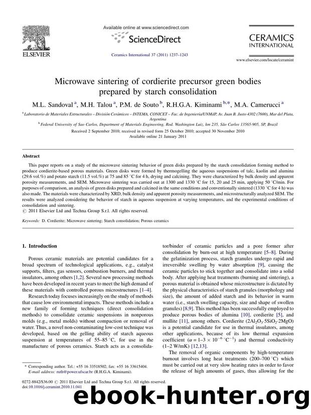 Microwave sintering of cordierite precursor green bodies prepared by starch consolidation by M.L. Sandoval