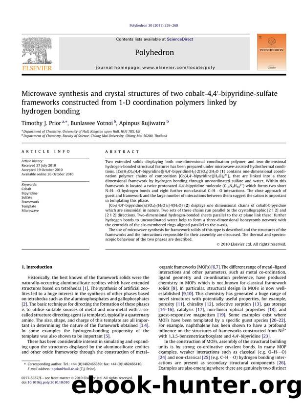 Microwave synthesis and crystal structures of two cobalt-4,4Ã¢â¬Â²-bipyridine-sulfate frameworks constructed from 1-D coordination polymers linked by hydrogen bonding by Timothy J. Prior & Bunlawee Yotnoi & Apinpus Rujiwatra