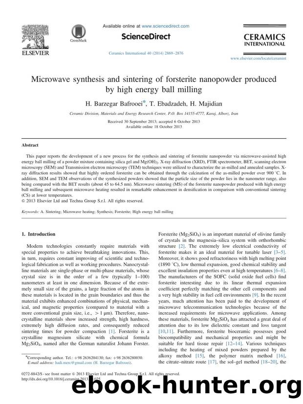 Microwave synthesis and sintering of forsterite nanopowder produced by high energy ball milling by H. Barzegar Bafrooei & T. Ebadzadeh & H. Majidian
