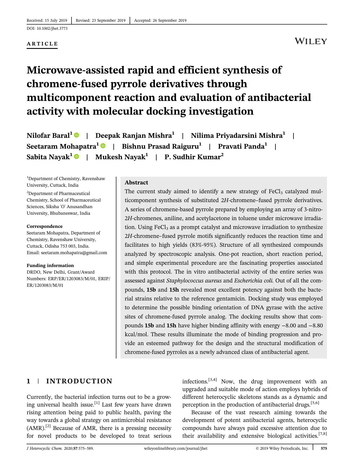 Microwaveâassisted rapid and efficient synthesis of chromeneâfused pyrrole derivatives through multicomponent reaction and evaluation of antibacterial activity with molecular docking investigation by unknow
