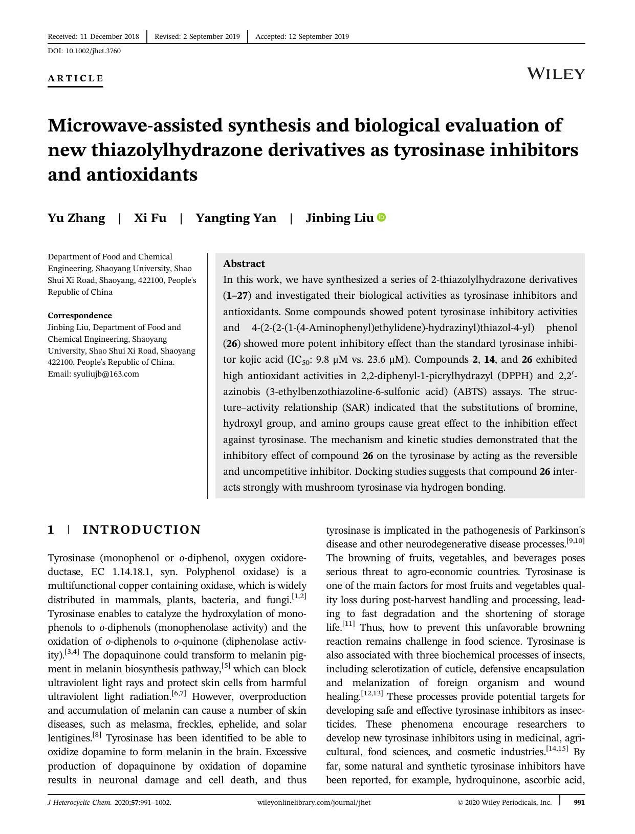 Microwaveâassisted synthesis and biological evaluation of new thiazolylhydrazone derivatives as tyrosinase inhibitors and antioxidants by Yu Zhang Xi Fu Yangting Yan Jinbing Liu