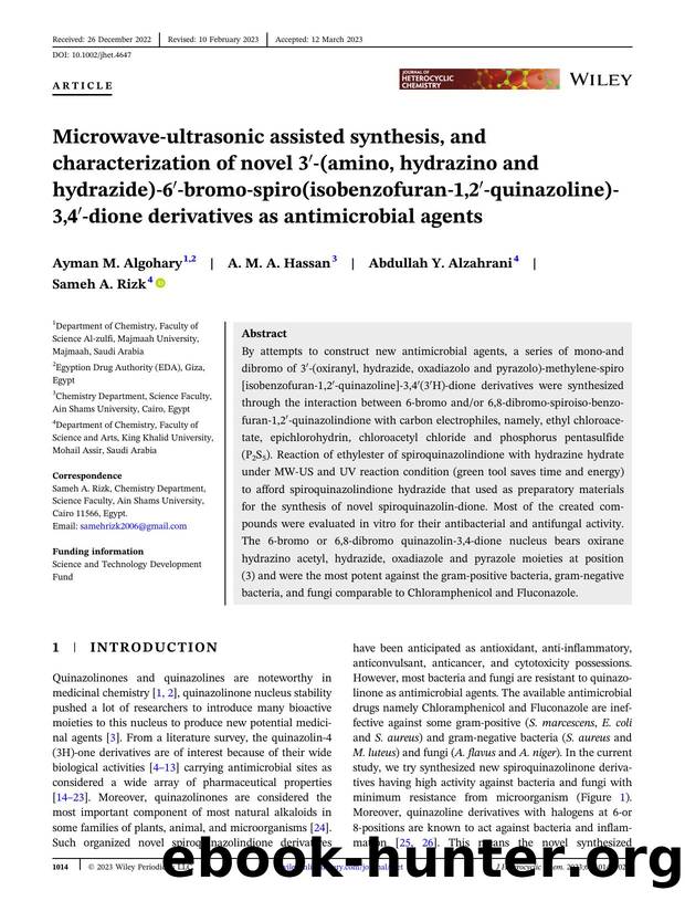 Microwaveâultrasonic assisted synthesis, and characterization of Novel 3'â(amino, hydrazino and hydrazide)â6'âbromoâspiro(isobenzofuranâ1,2'âquinazoline)â3,4'âdio by Unknown