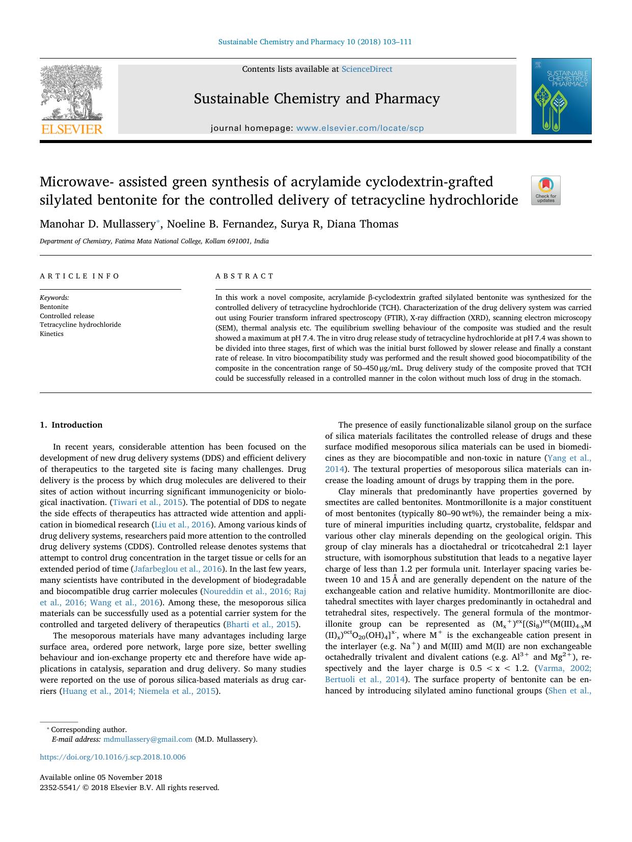 Microwave- assisted green synthesis of acrylamide cyclodextrin-grafted silylated bentonite for the controlled delivery of tetracycline hydrochloride by Manohar D. Mullassery & Noeline B. Fernandez & Surya R & Diana Thomas