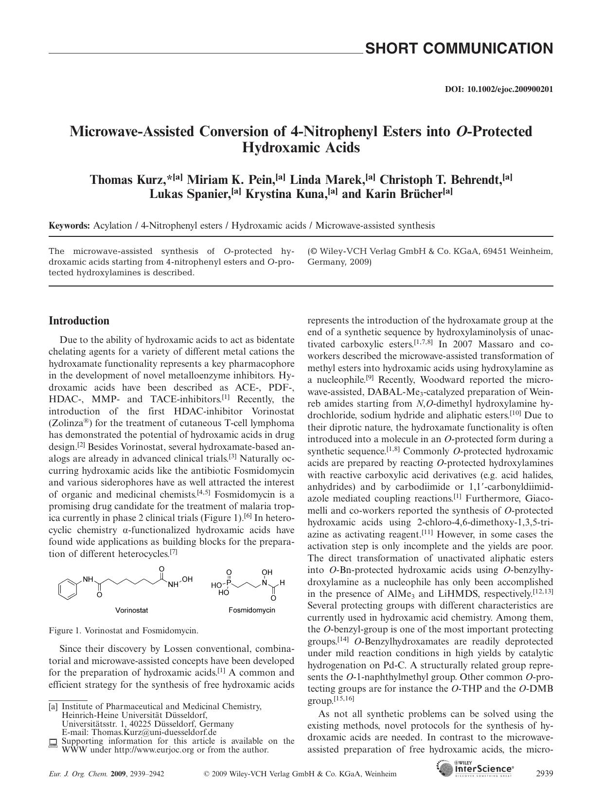 Microwave-Assisted Conversion of 4-Nitrophenyl Esters into O-Protected Hydroxamic Acids by Unknown
