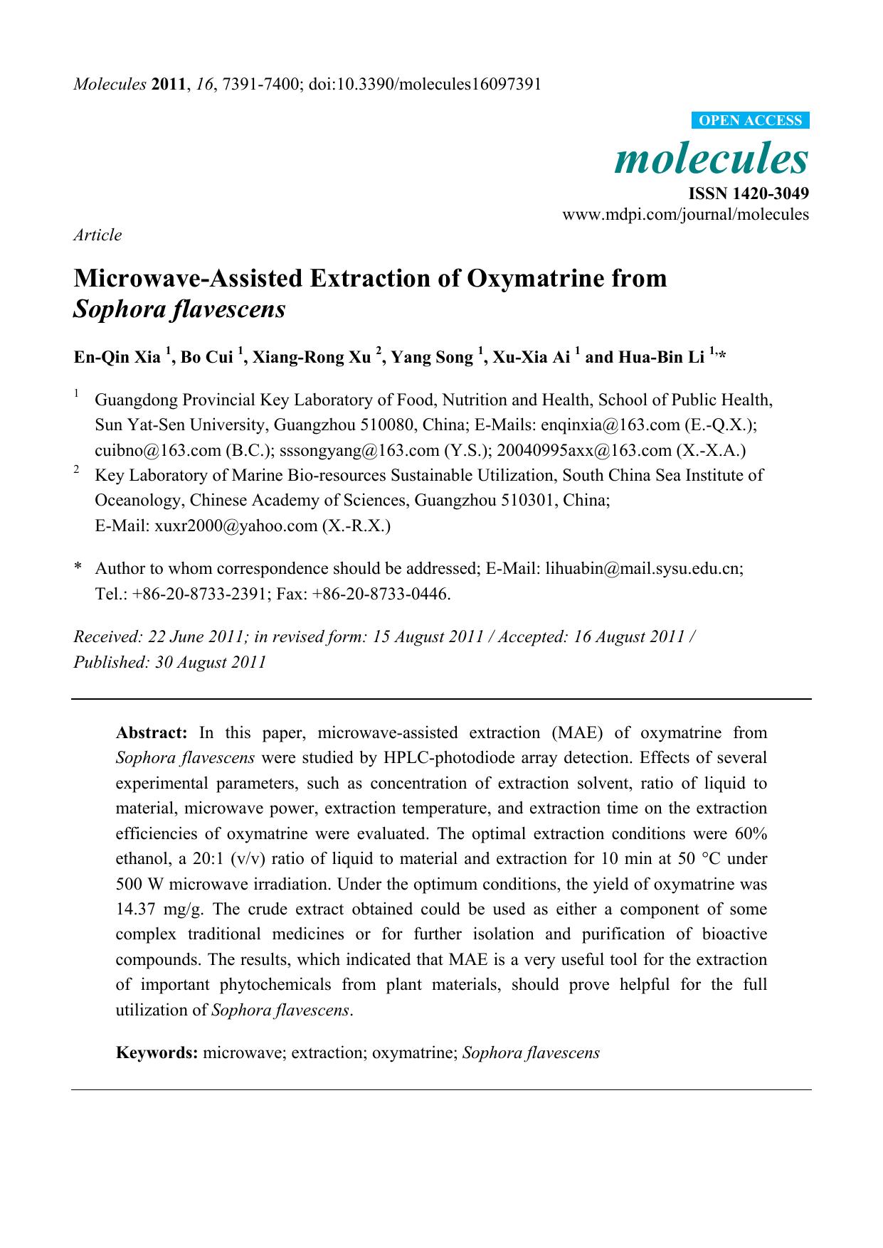 Microwave-Assisted Extraction of Oxymatrine from Sophora flavescens by En-Qin Xia & Bo Cui & Xiang-Rong Xu & Yang Song & Xu-Xia Ai & Hua-Bin Li