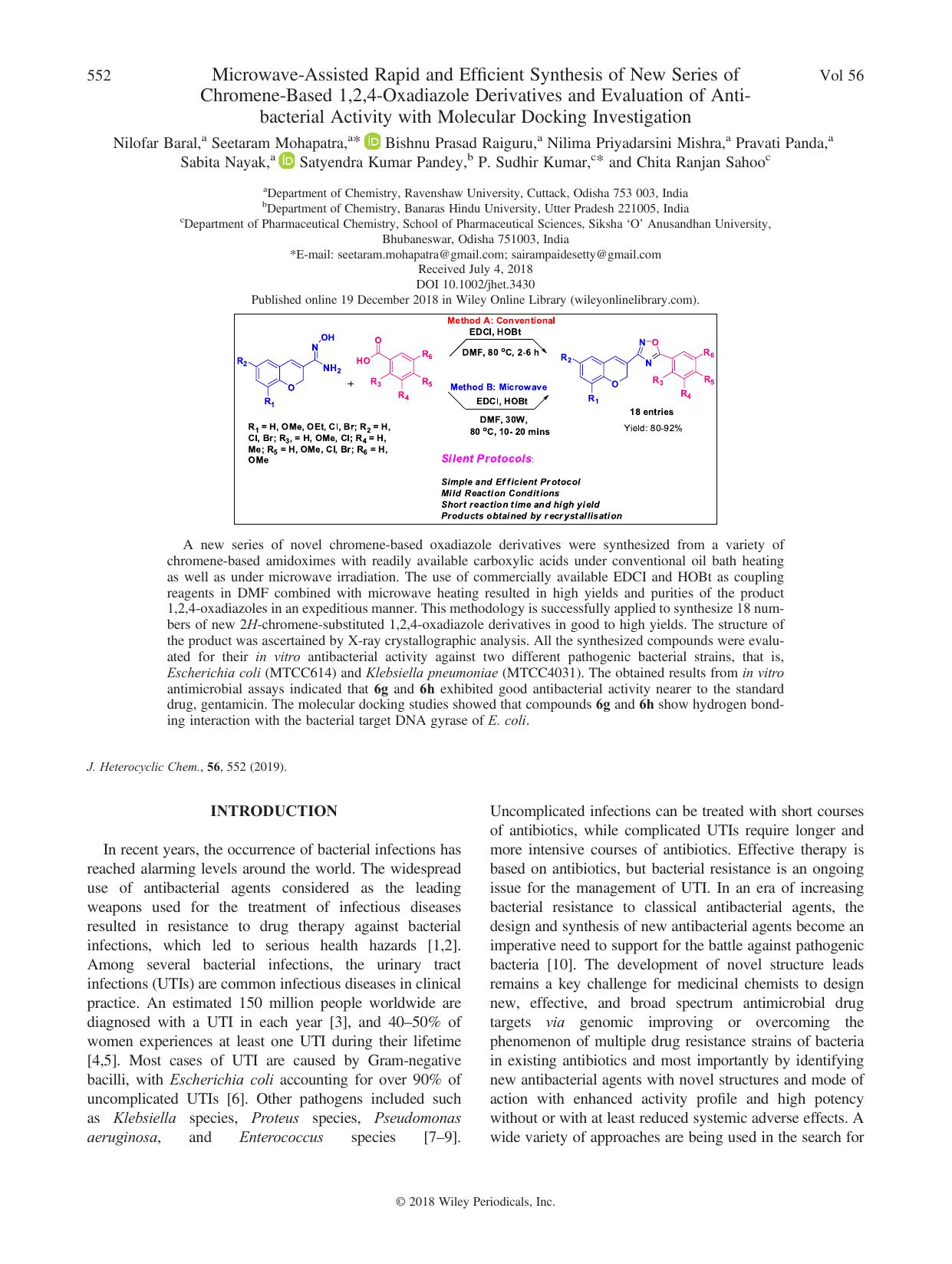 Microwave-Assisted Rapid and Efficient Synthesis of New Series of Chromene-Based 1,2,4-Oxadiazole Derivatives and Evaluation of Antibacterial Activity with Molecular Docking Investigation by unknow