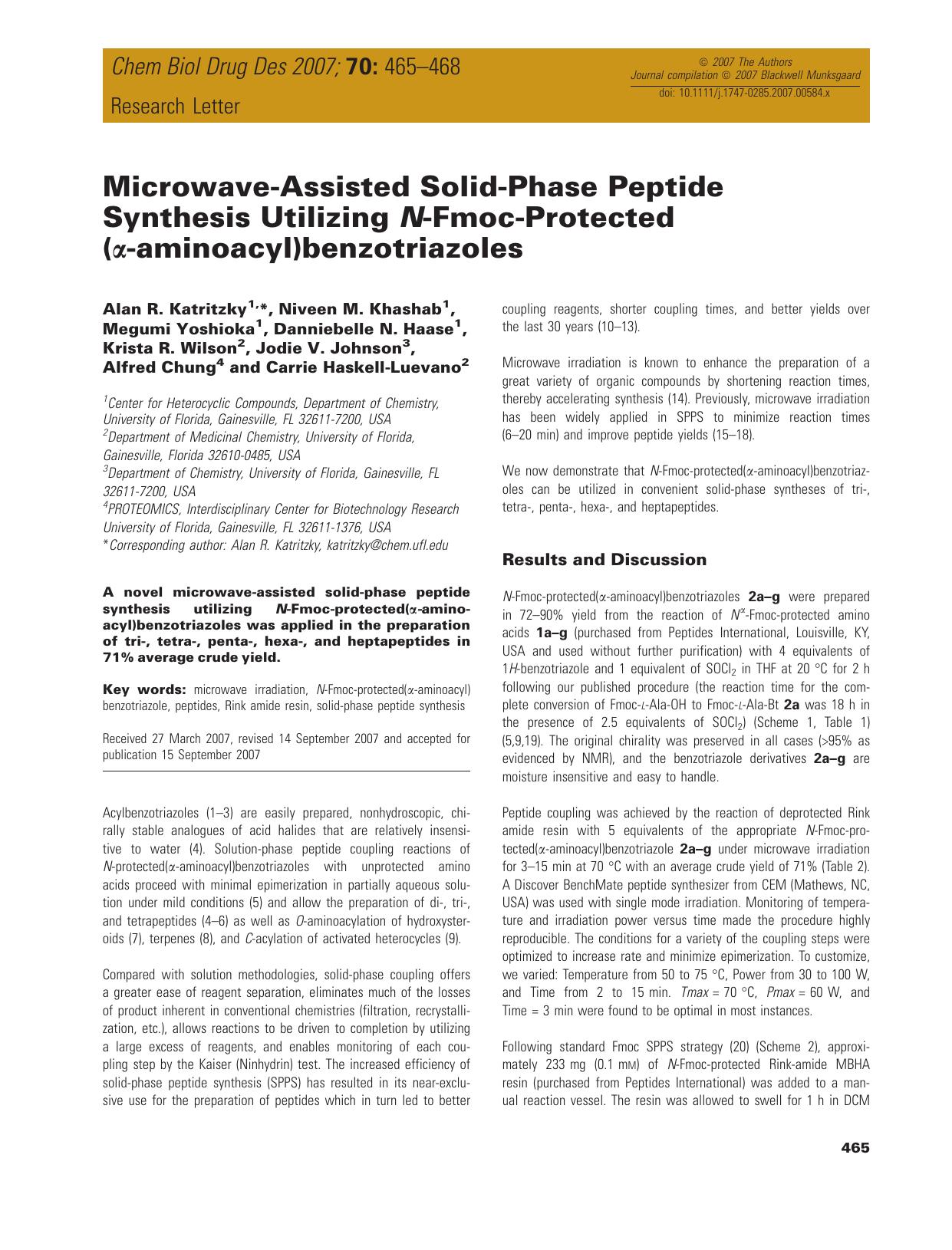 Microwave-Assisted Solid-Phase Peptide Synthesis Utilizing N-Fmoc-Protected (α-aminoacyl)benzotriazoles by unknow