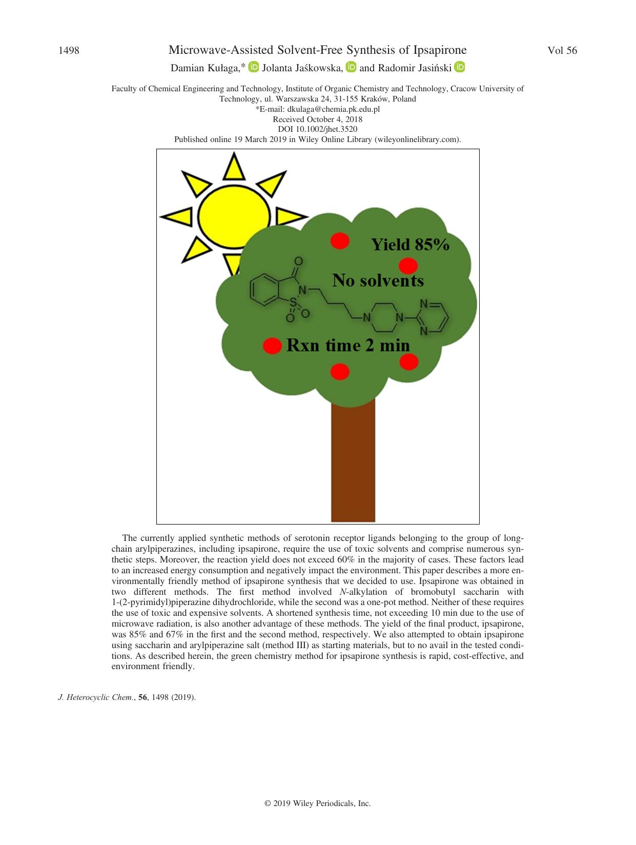 Microwave-Assisted Solvent-Free Synthesis of Ipsapirone by Damian Kułaga Jolanta Jaśkowska Radomir Jasiński