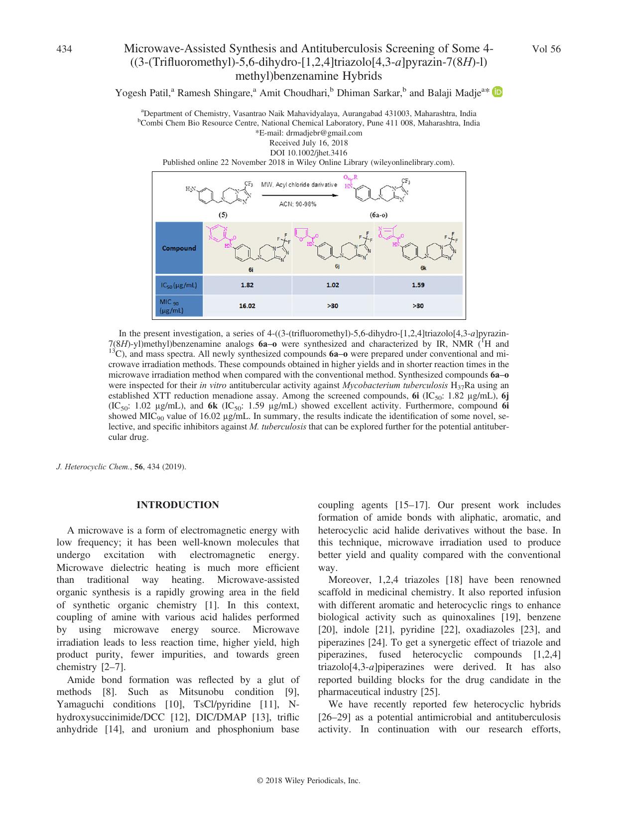 Microwave-Assisted Synthesis and Antituberculosis Screening of Some 4-((3-(Trifluoromethyl)-5,6-dihydro-[1,2,4]triazolo[4,3-a]pyrazin-7(8H)-l)methyl)benzenamine Hybrids by Yogesh Patil Ramesh Shingare Amit Choudhari Dhiman Sarkar Balaji Madje