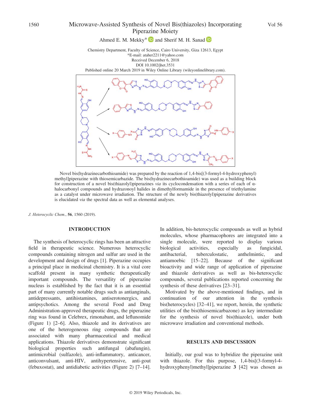 Microwave-Assisted Synthesis of Novel Bis(thiazoles) Incorporating Piperazine Moiety by Ahmed E. M. Mekky & Sherif M. H. Sanad