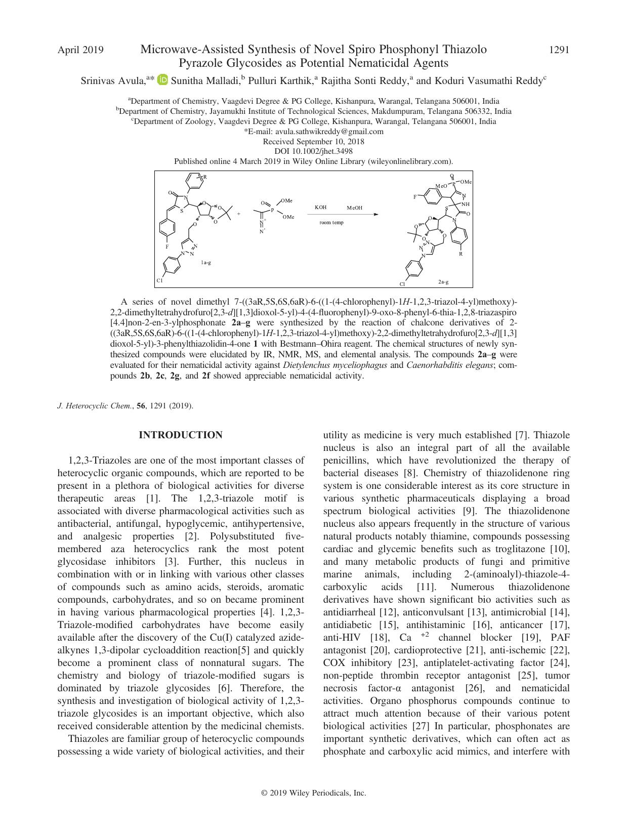 Microwave-Assisted Synthesis of Novel Spiro Phosphonyl Thiazolo Pyrazole Glycosides as Potential Nematicidal Agents by Srinivas Avula Sunitha Malladi Pulluri Karthik Rajitha Sonti Reddy Koduri Vasumathi Reddy