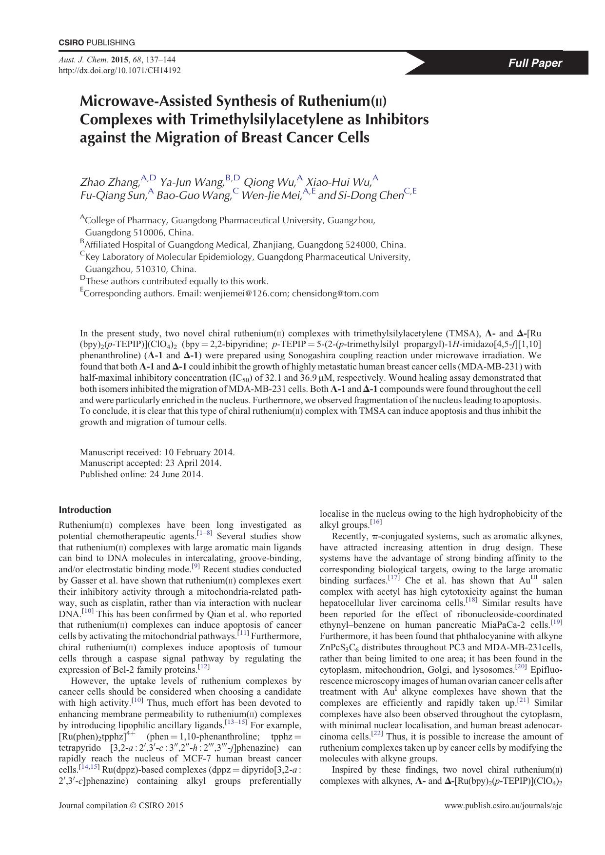 Microwave-Assisted Synthesis of Ruthenium(ii) Complexes with Trimethylsilylacetylene as Inhibitors against the Migration of Breast Cancer Cells by Z. Zhang et al