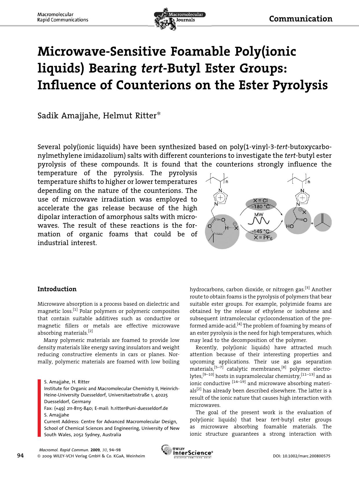 Microwave-Sensitive Foamable Poly(ionic liquids) Bearing tert-Butyl Ester Groups: Influence of Counterions on the Ester Pyrolysis by Unknown