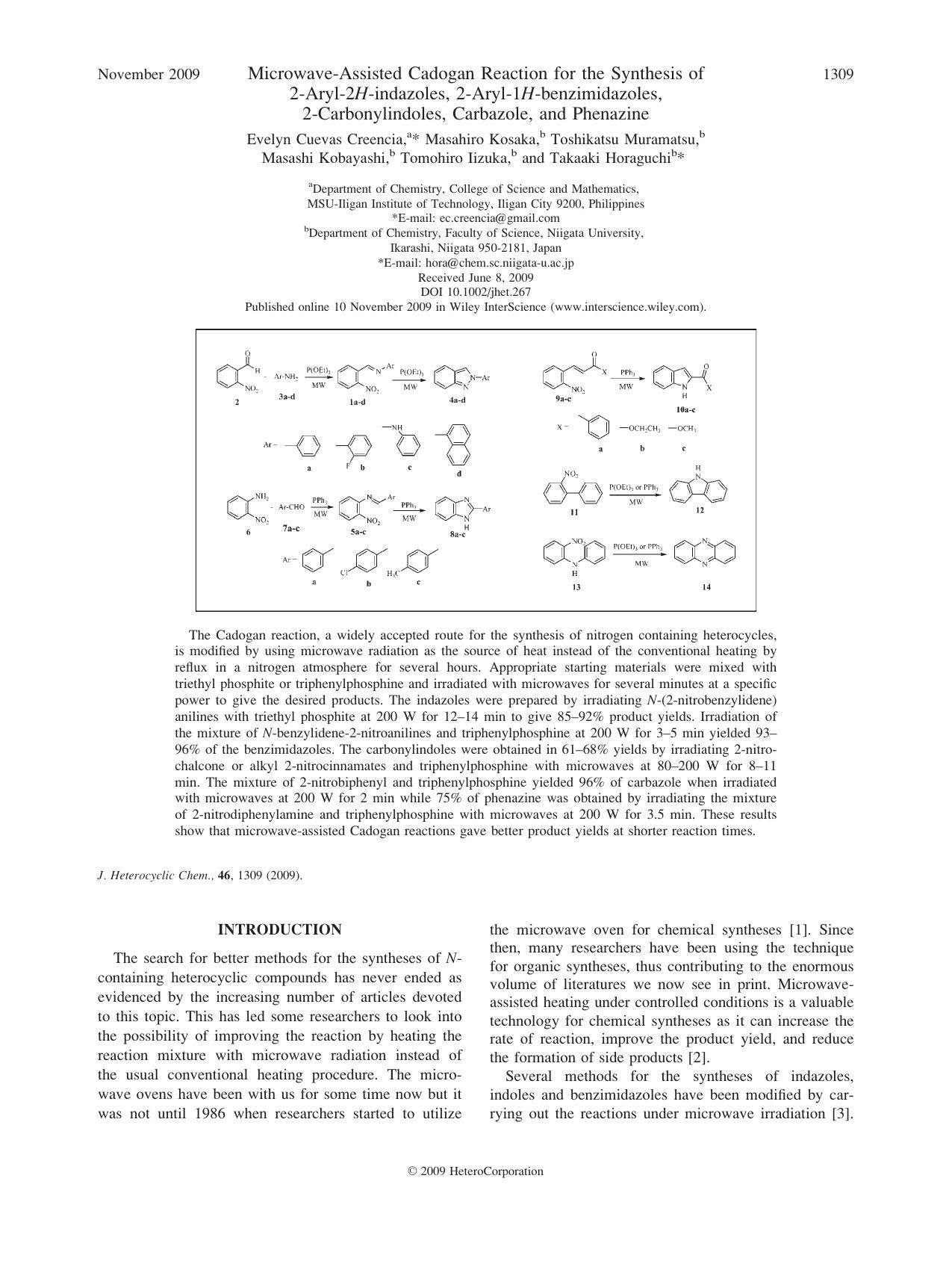 Microwave-assisted Cadogan reaction for the synthesis of 2-aryl-2H-indazoles, 2-aryl-1H-benzimidazoles, 2-carbonylindoles, carbazole, and phenazine by Unknown
