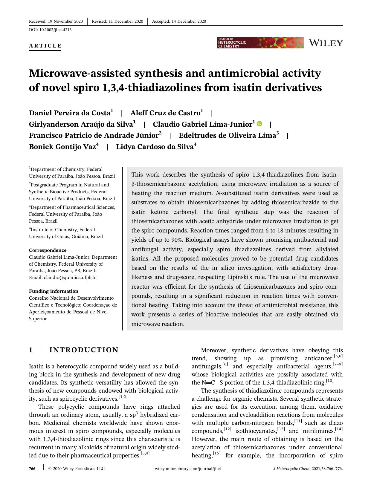 Microwave-assisted Synthesis and Antimicrobial Activity of Novel Spiro 1,3,4-thiadiazolines From Isatin Derivatives by Unknown