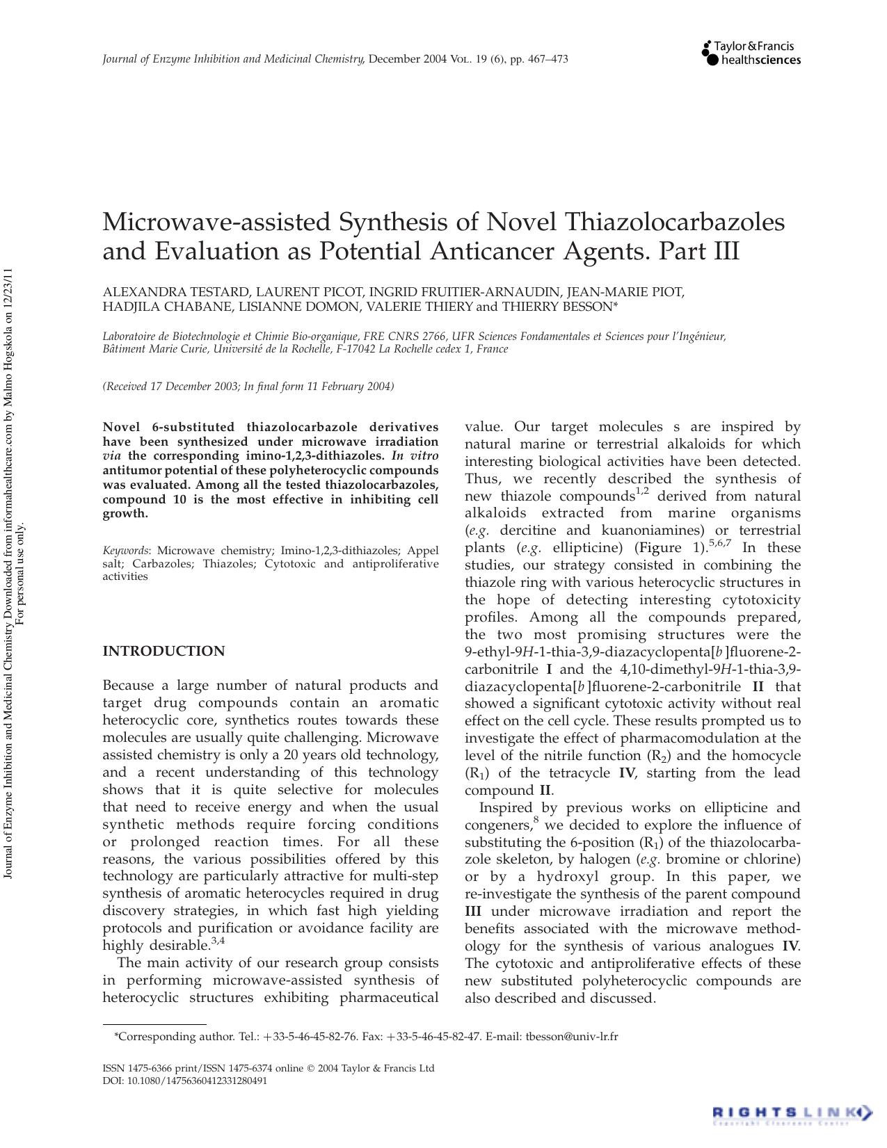 Microwave-assisted Synthesis of Novel Thiazolocarbazoles and Evaluation as Potential Anticancer Agents. Part III by unknow