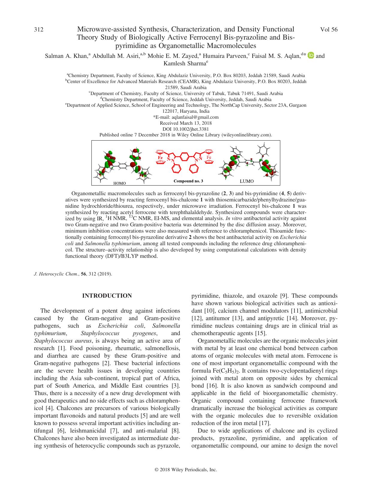 Microwave-assisted Synthesis, Characterization, and Density Functional Theory Study of Biologically Active Ferrocenyl Bis-pyrazoline and Bis-pyrimidine as Organometallic Macromolecules by unknow