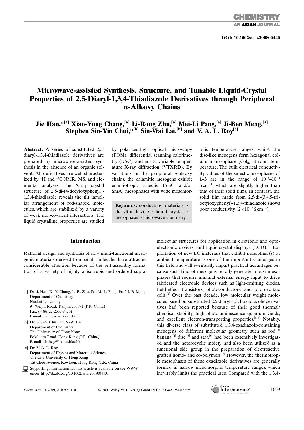 Microwave-assisted Synthesis, Structure, and Tunable Liquid-Crystal Properties of 2,5-Diaryl-1,3,4-Thiadiazole Derivatives through Peripheral n-Alkoxy Chains by Unknown