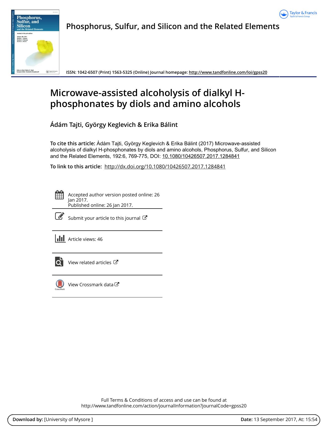 Microwave-assisted alcoholysis of dialkyl H-phosphonates by diols and amino alcohols by Adam Tajti & Gyorgy Keglevich & Erika Balint