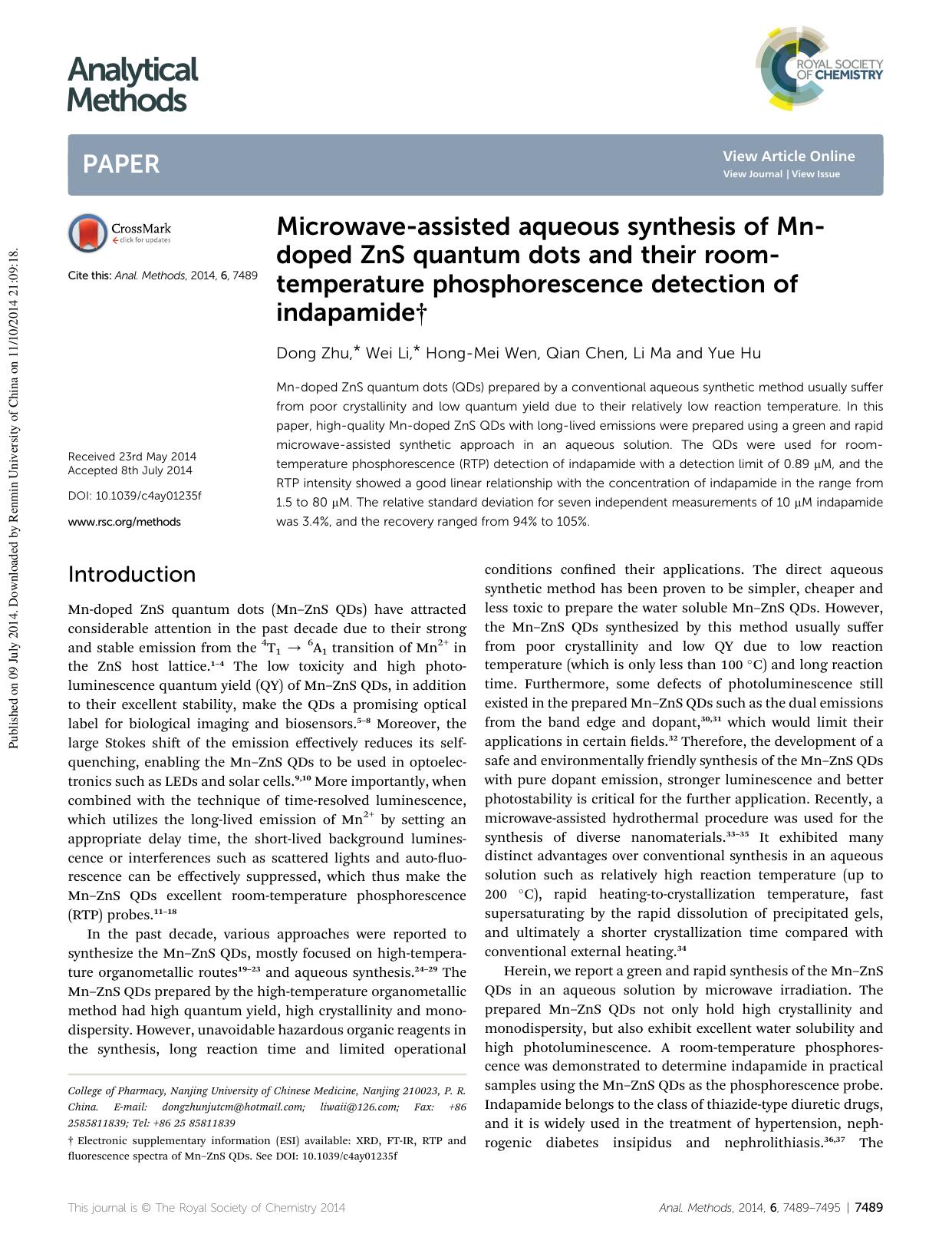 Microwave-assisted aqueous synthesis of Mn-doped ZnS quantum dots and their room-temperature phosphorescence detection of indapamide by Dong Zhu & Wei Li & Hong-Mei Wen & Qian Chen & Li Ma & Yue Hu