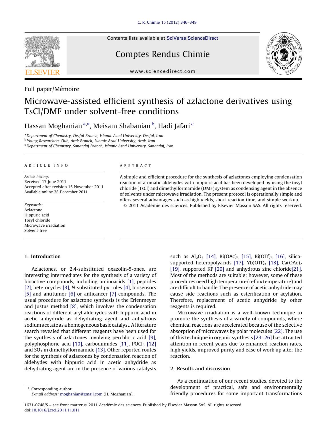 Microwave-assisted efficient synthesis of azlactone derivatives using TsClDMF under solvent-free conditions by Hassan Moghanian