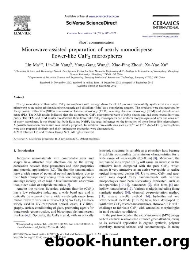 Microwave-assisted preparation of nearly monodisperse flower-like CaF2 microspheres by Lin Ma & Lin-Lin Yang & Yong-Gang Wang & Xiao-Ping Zhou & Xu-Yao Xu