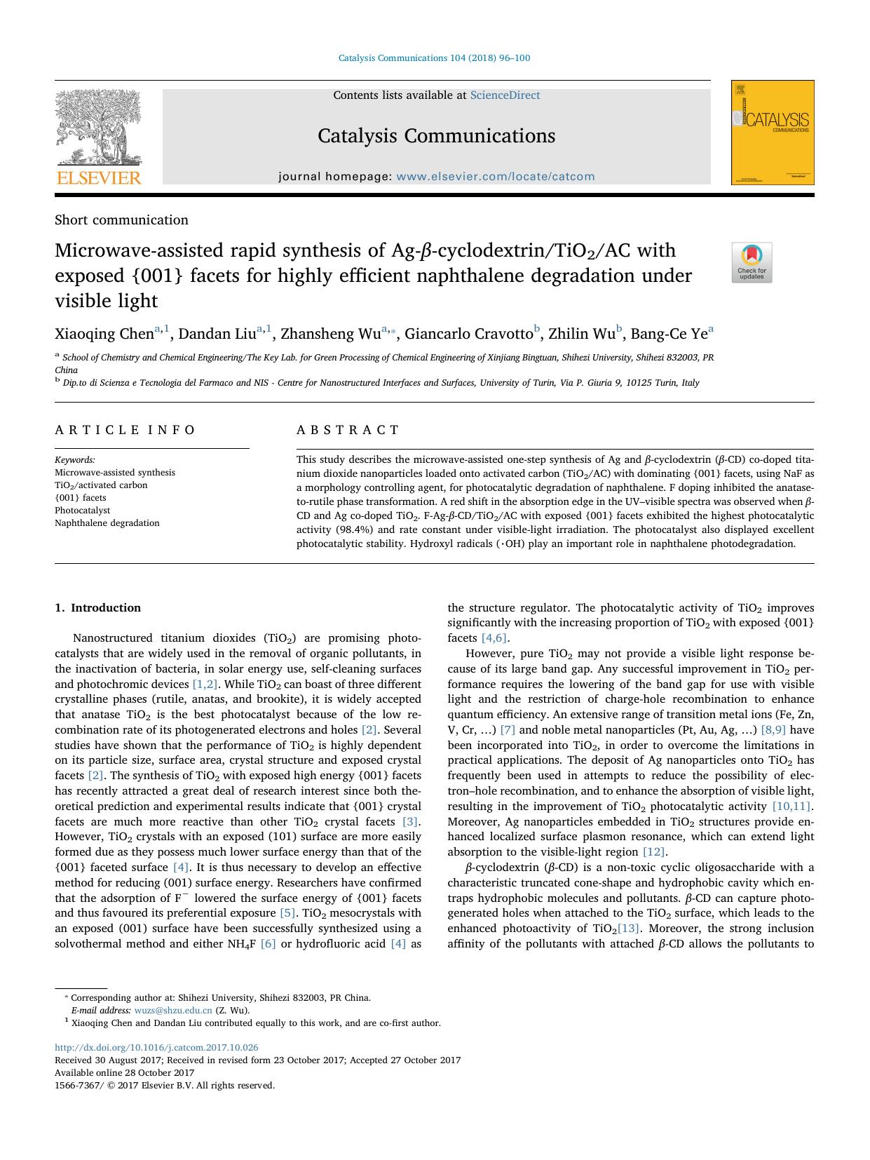 Microwave-assisted rapid synthesis of Ag-Î²-cyclodextrinTiO2AC with exposed {001} facets for highly efficient naphthalene degradation under visible light by Xiaoqing Chen & Dandan Liu & Zhansheng Wu & Giancarlo Cravotto & Zhilin Wu & Bang-Ce Ye