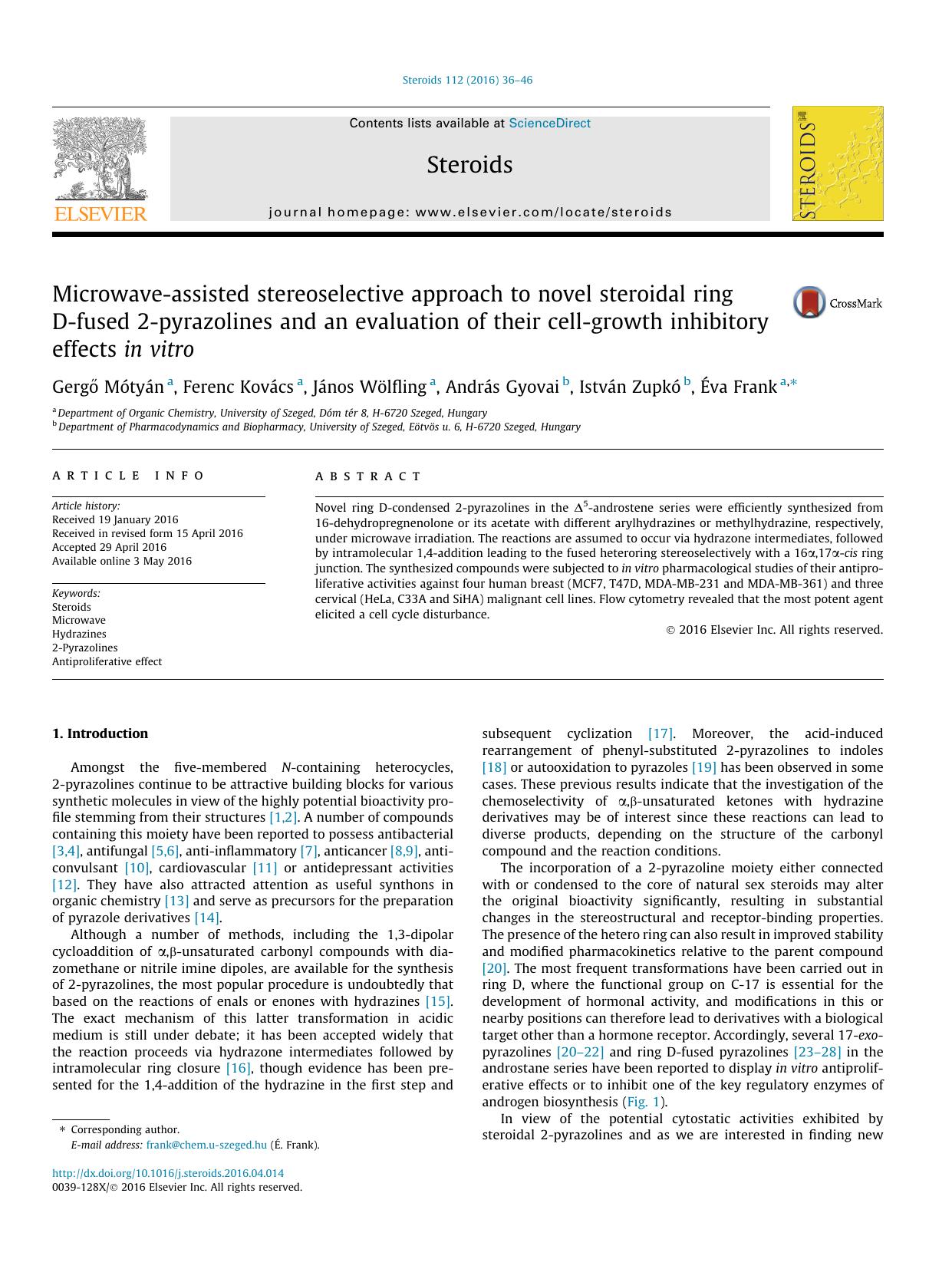 Microwave-assisted stereoselective approach to novel steroidal ring D-fused 2-pyrazolines and an evaluation of their cell-growth inhibitory effects in vitro by unknow