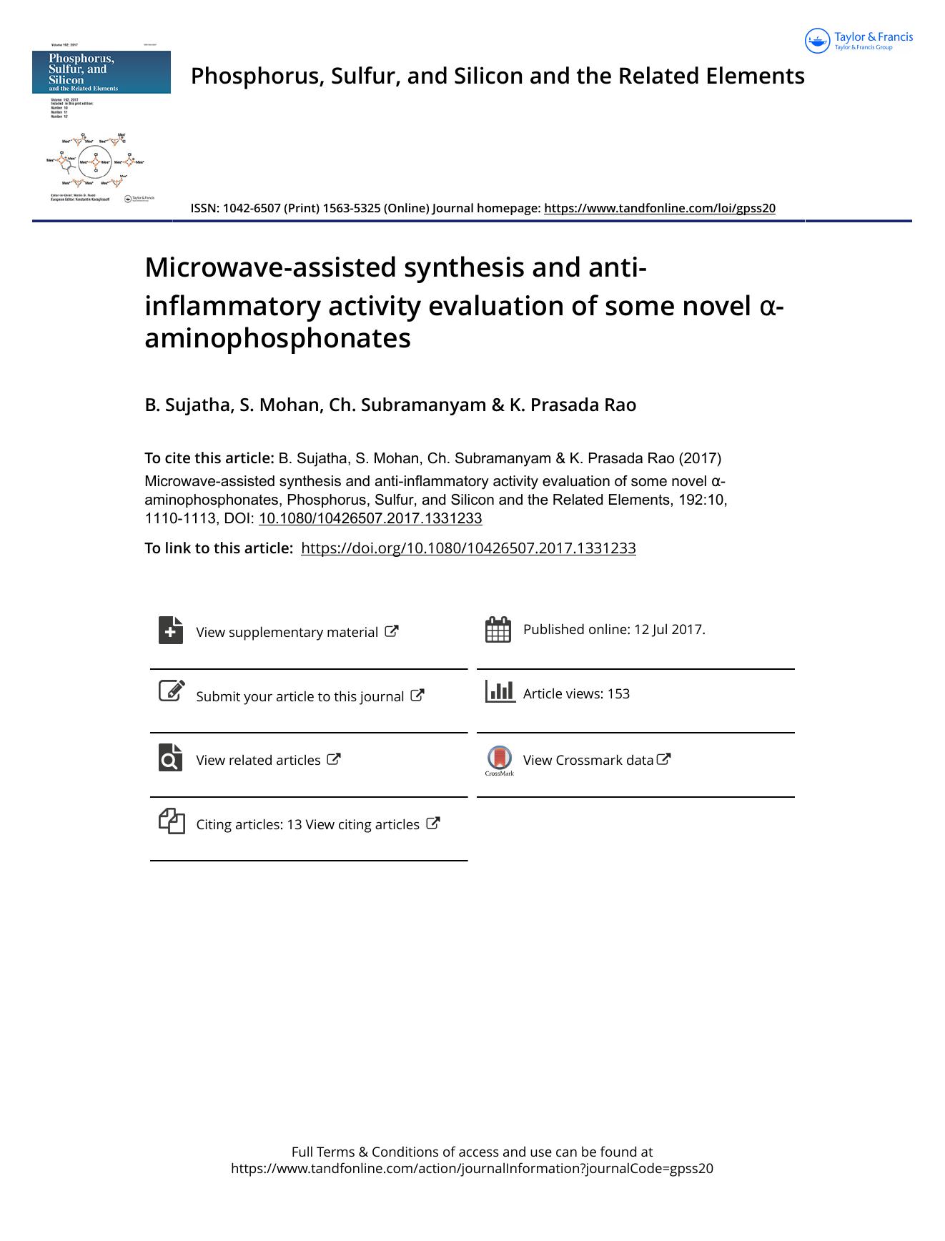 Microwave-assisted synthesis and anti-inflammatory activity evaluation of some novel -aminophosphonates by B. Sujatha & S. Mohan & Ch. Subramanyam & K. Prasada Rao