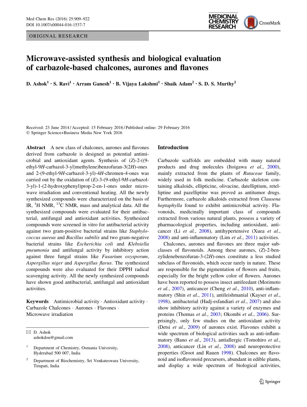 Microwave-assisted synthesis and biological evaluation of carbazole-based chalcones, aurones and flavones by D. Ashok & S. Ravi & Arram Ganesh & B. Vijaya Lakshmi & Shaik Adam & S. D. S. Murthy