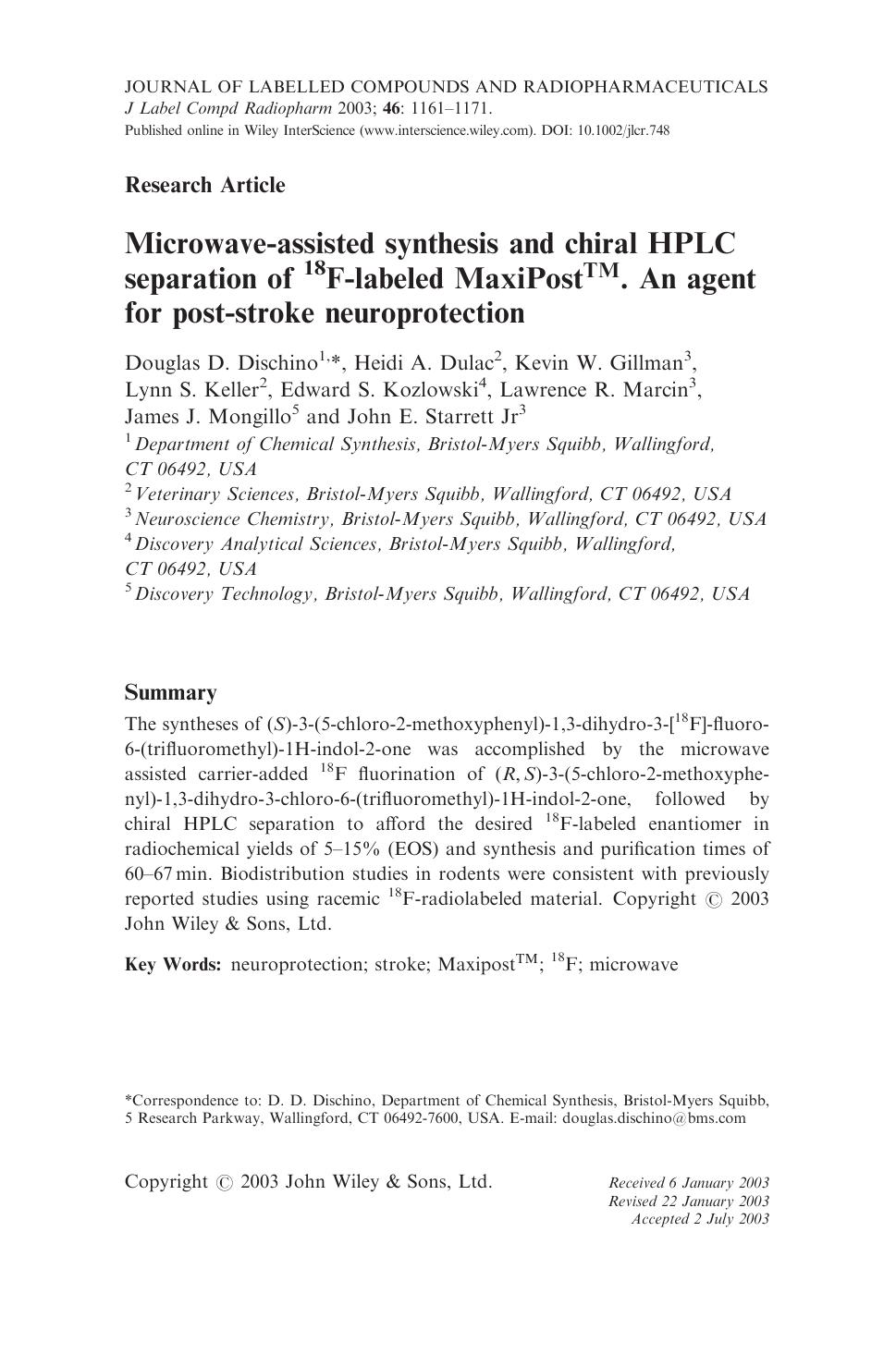 Microwave-assisted synthesis and chiral HPLC separation of 18F-labeled MaxiPostTM. An agent for post-stroke neuroprotection by Unknown
