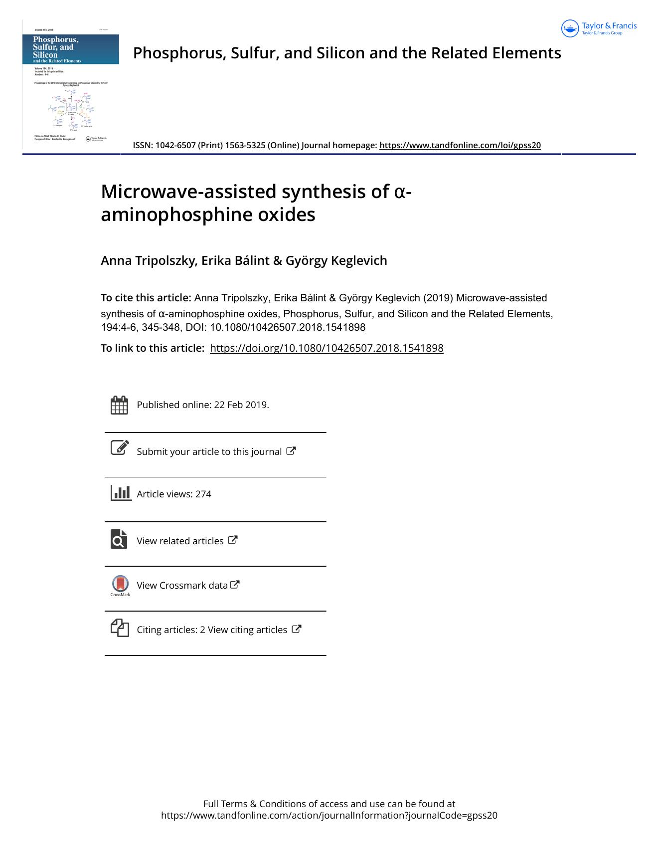 Microwave-assisted synthesis of Î±-aminophosphine oxides by Tripolszky Anna & Bálint Erika & Keglevich György