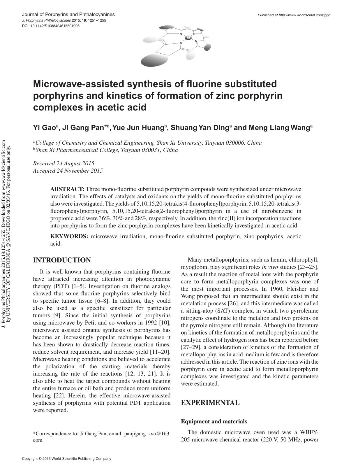 Microwave-assisted synthesis of fluorine substituted porphyrins and kinetics of formation of zinc porphyrin complexes in acetic acid by Yi Gao Ji Gang Pan Yue Jun Huang Shuang Yan Ding & Meng Liang Wang